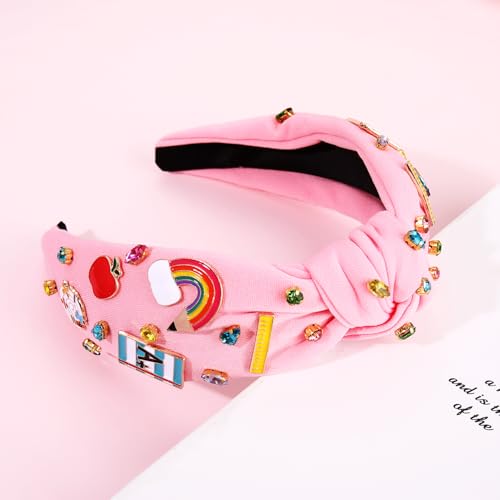 Teacher Knotted Headband with Rhinestone Pencils, Pearls, and Beads
