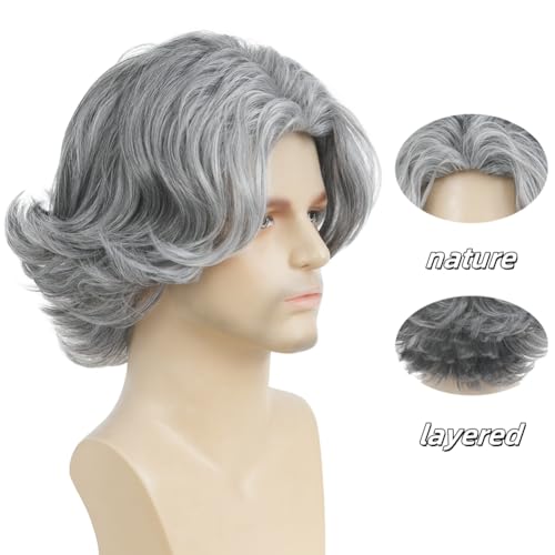 Men's Grey Short Wig - Natural Synthetic Hair for Daily Use
