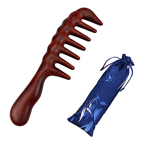 Denlydom Natural Red Sandalwood Wide Tooth Comb for Curly Hair Detangling