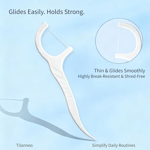 Tilanneo Dental Floss Pick Refills - 200 Pieces, Non-Shredding, Curved Back for Easy Access, 2-Pack