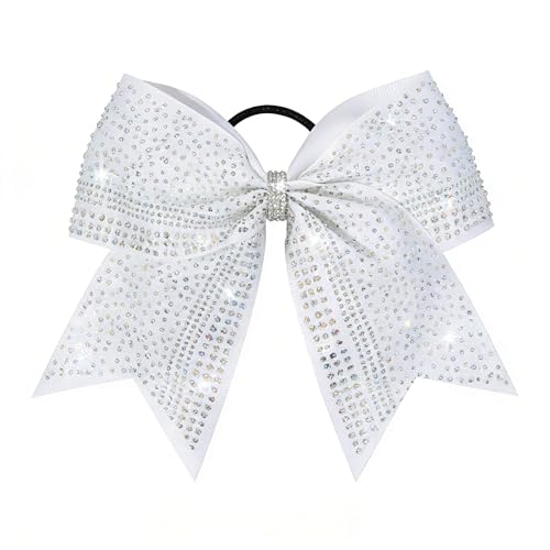 White 8-Inch Glitter Cheer Hair Bow with Rhinestones - Large Sports Pom-Pom Accessory