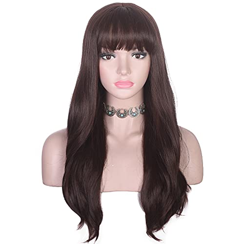 Morvally 23" Long Wavy Wig with Bangs - Ash Brown Heat Resistant Fiber