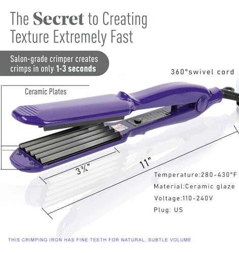 MBHAIR Ceramic Crimper Iron for Voluminous Fluffy Hair, Anti-Static, Adjustable Temp - Purple