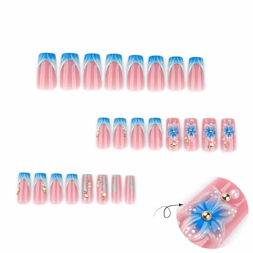 CTTHNBD Blue Flower French Tip Square Press On Nails with Shell Design - Reusable Summer Fake Nails for Women, 24 Pcs