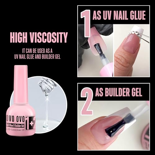 NOVO OVO French Tip Solution Kit – UV Nail Glue Builder Gel Top Coat Bundle (10 ml each) – Includes One Multi-Function Pink Bottle Gel