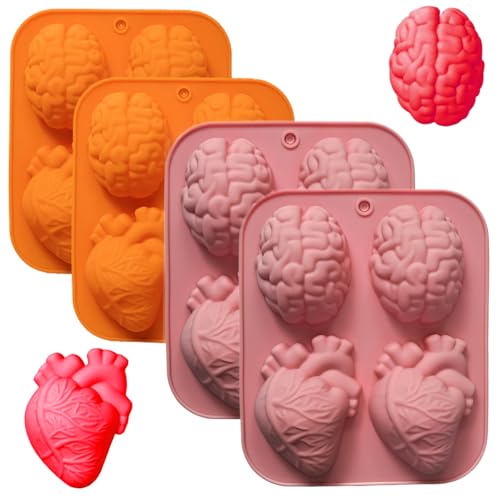 4-Piece Silicone Heart and Brain Molds for Halloween Desserts