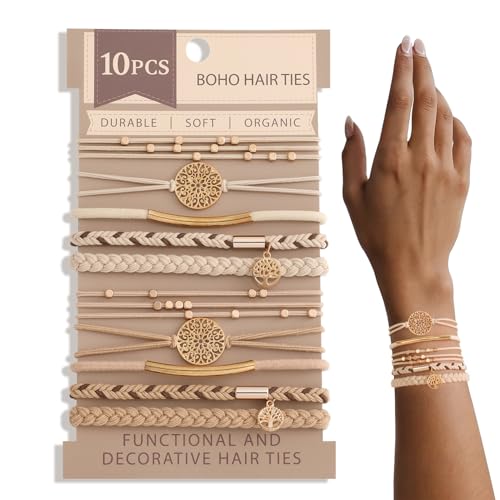 Boho Hair Tie Bracelets - 10 No Damage Ponytail Holders, 5 Styles