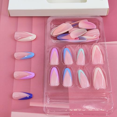 Almond Press-On Nails Medium Length Nude Pink with Colorful French Tips 24 Pcs