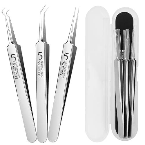 WSYUB 3-Piece Blackhead Removal Tweezers Set - Heat Treated Stainless Steel, Precise Acne and Ingrown Hair Extractors