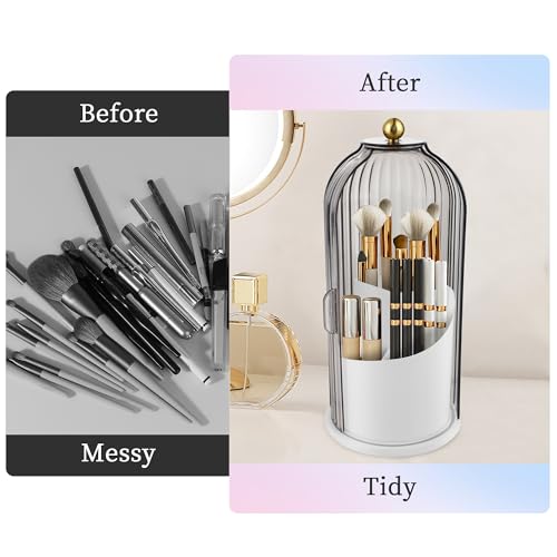 360 Rotating Makeup Brush Holder with Dustproof Lid - Grey Organizer