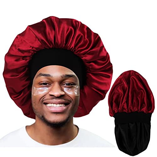 Himoswis Satin Sleep Bonnet for Men & Women Black/Burgundy - Reversible Hair Cap