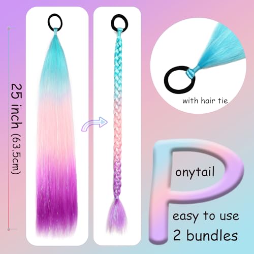 NOTICEME 25 Inch Colored Hair Ponytail Extensions with Tinsel - Pack of 2, Crazy Hair Day