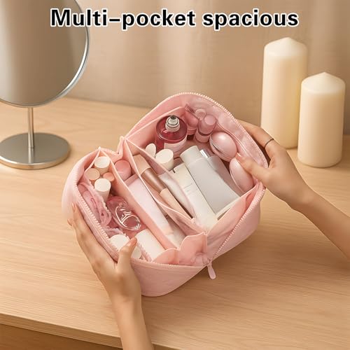 SEPSUMMER Pink Puffy Waterproof Makeup & Toiletry Bag with Flat Opening for Travel