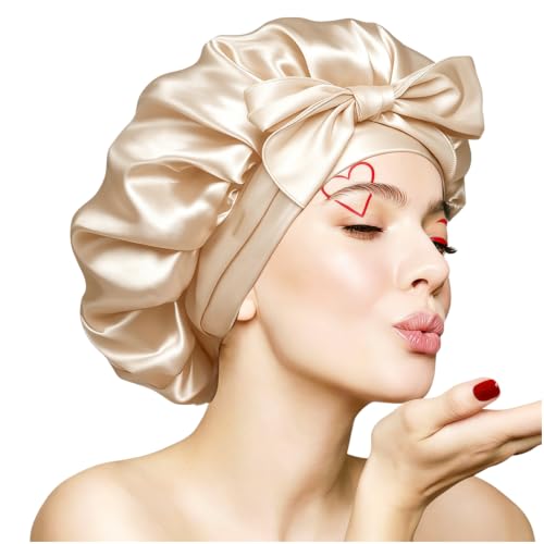 VECIIR Large Beige Silk Sleep Bonnet for Women with Adjustable Tie, Curly & Natural Hair Protection