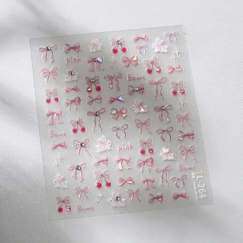 5D Pink Bow Nail Stickers with Rhinestones - Cute Rabbit Design