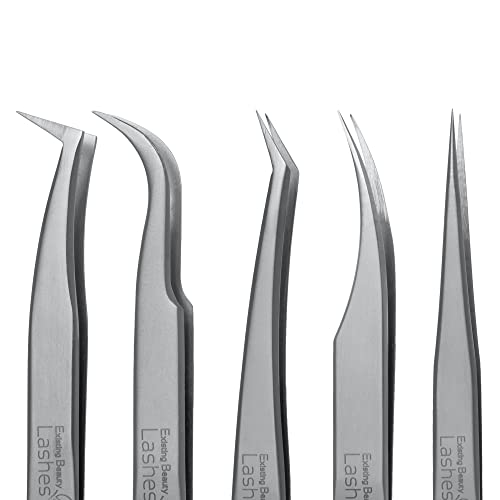 Eyelash Extension Tweezers Set - 5 Pcs Curved & Straight Lash Applicators for Volume & Cluster Lashes