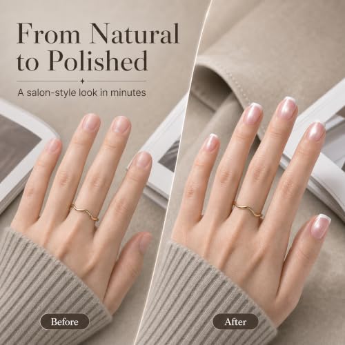Beetles French Tip Press On Nails Short Square Pink Cat Eye Kit - 01 Glassy Blush French