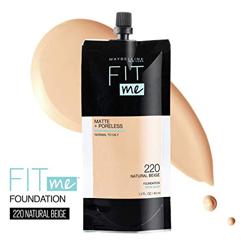 Maybelline Fit Me Matte + Poreless Foundation - 220 Natural Beige, 1.3 Fl Oz Pouch