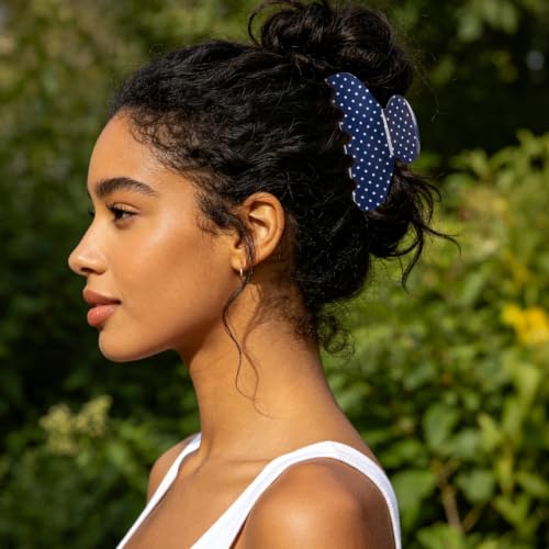 MAORULU Navy Blue Polka Dot Hair Claw Clip - 3 Inch Non-Slip for Thin & Medium Hair