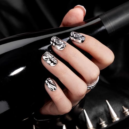 VSALON Short Square Press-On Nails C2-Iron Women Silver Metallic Chrome 3D