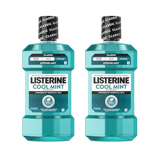 Listerine Mouthwash Cool Mint Antiseptic Treatment for Adults Kills 99.9% of Germs that Cause Bad Breath Plaque Gingivitis in a Daily Intense Mint Mouthwash, 2 Pack of 33.8 fl oz/1 L