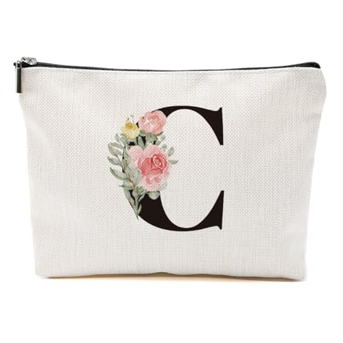 Roses C Personalized Makeup Bag with Initial Letter Monogram - Pink Linen Cosmetic Pouch