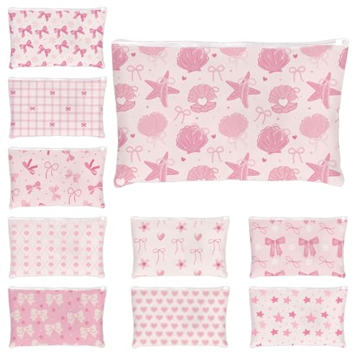 10-Pack Pink Bow Makeup Bags - Durable Canvas Cosmetic Pouches for Gifts