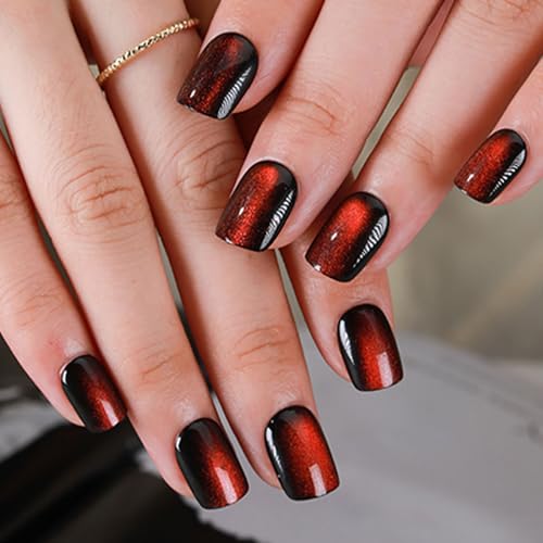 MAOTTIE Yellow Discoloration Cat Eye Short Press-On Nails 24pcs, 12 Sizes, Glue-On Reusable UV Finish
