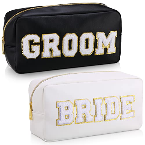 Oudain Bride and Groom Makeup Bag Set - 2 Pcs PU Leather Travel Pouch