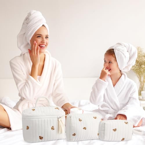 Paterr 3-Piece Quilted Cotton Makeup Bag Set - Little Bear White