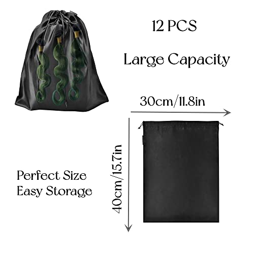 GONGKANGYUAN 12-Pack Satin Wig Bags with Drawstring, Black