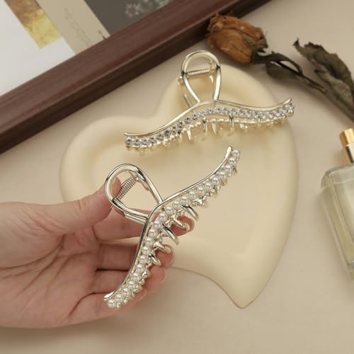Textention Rhinestone Pearl Hair Claw Clips - Pattern D, 4.4 Inch, 3 Pack