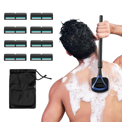 ZOMU Back Shavers for Men:Back Hair Shaver and Body Shavers for Men with Safety Blade Technology & Ergonomic DIY Long Handle, Wet or Dry Shaving - Blue (Replaceable 8PCS 3.5inch Blades Included)
