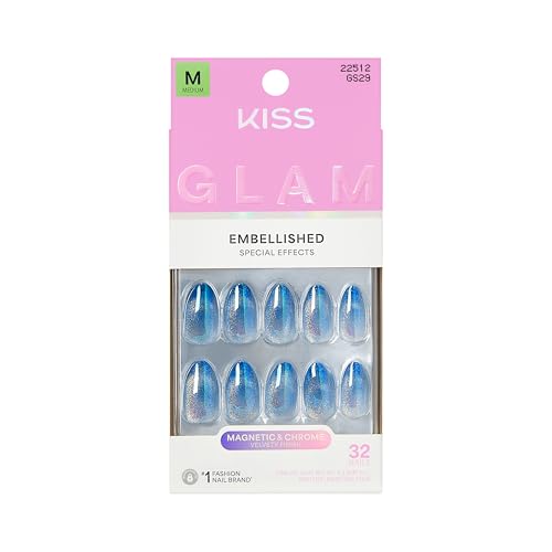 KISS Glam Press On Nails - Glow Forever, Almond Shape, Blue, 32 Nails & Glue Included