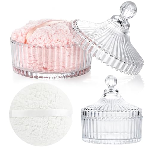 Pink & White Body Powder Puff Set with Glass Container - 6.5in