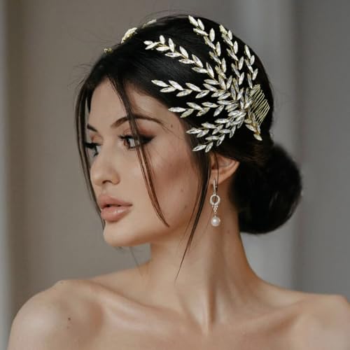 WONRLUA Handmade Gold Rhinestone Bridal Hair Piece with Comb