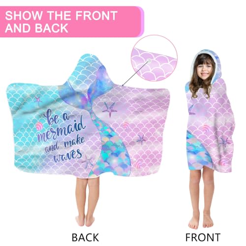 Kids Mermaid Hooded Beach Towel - Quick Dry Microfiber, 30"x50"
