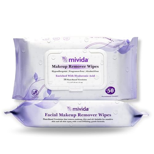mivida Hypoallergenic Makeup Remover Wipes Twin Pack - Fragrance Free (2x50 ct) with Hyaluronic Acid