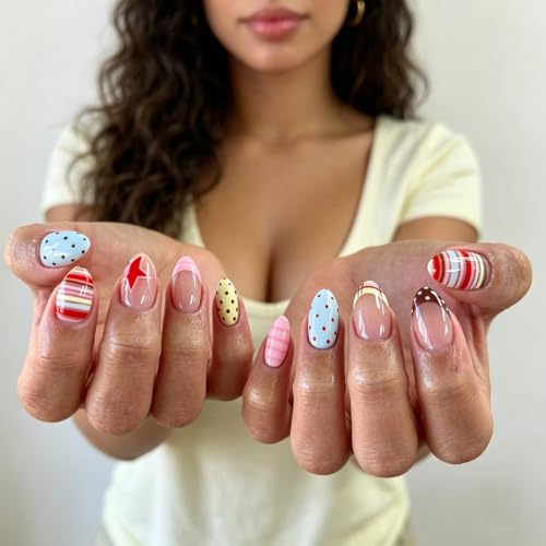 Medium Almond Press-On Nails with Polka Dots & Stripes - 24 Pcs