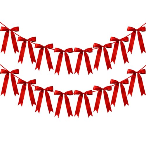 Red Bow Garland Banner Decoration - 6.7FT Pre-Strung Satin Ribbons