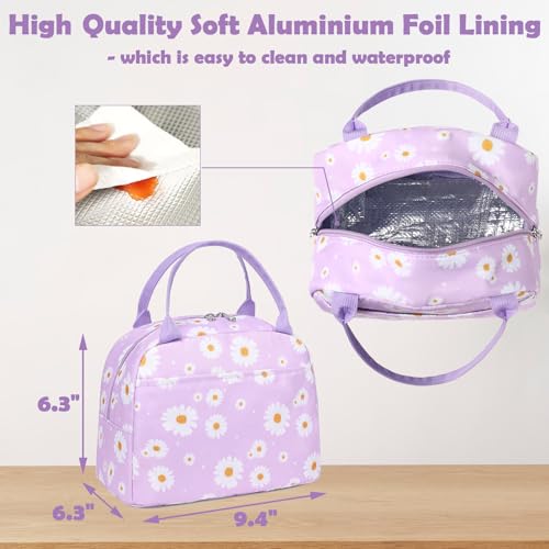 Kimwadalh Insulated Lunch Bag - Purple Daisy Tote for Work & Travel