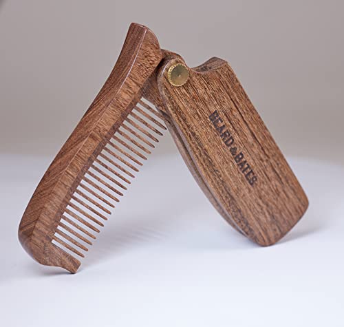 Beard & Bates Folding Solid Wood Sandalwood Switchblade Comb – Anti-Static Beard Hair Grooming