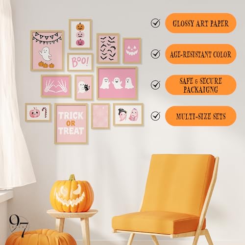 Pink Ghost Halloween Wall Art Set - 12 Unframed Posters for Home Decor