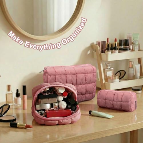 JZRTravel 3 Pack Puffer Quilted Makeup Bags Set - Dark Pink