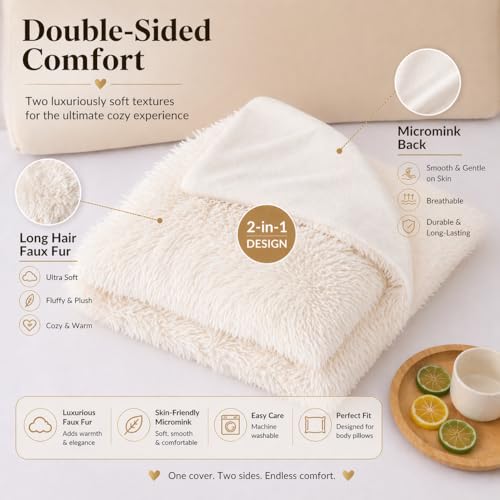 Reafort Luxury Faux Fur Body Pillow Cover 21x54in - Cream