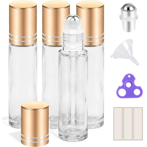 PrettyCare 10ml Essential Oil Roller Bottles - 4 Pack, Leak-Proof Glass