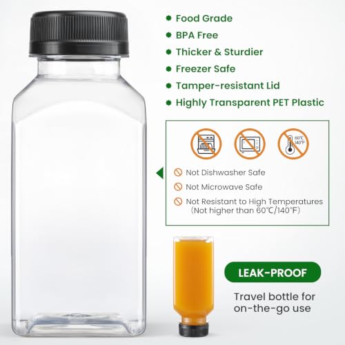 8oz Reusable Plastic Juice Bottles Pack of 12 with Caps & Labels - Leakproof, BPA-Free