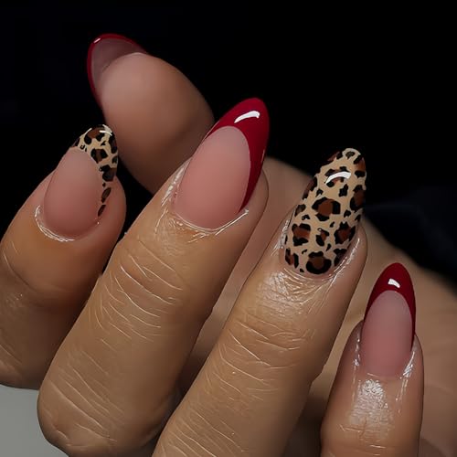 MABKJLF Style11 Medium Almond Press-On Nails with Red French Tip & Leopard Print - 24Pcs
