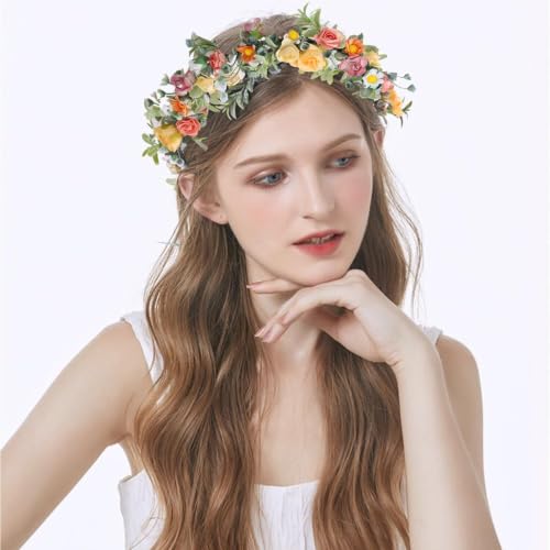 Boho Floral Wreath Headband - White Pink Orange Leaf Bridal Hair Crown
