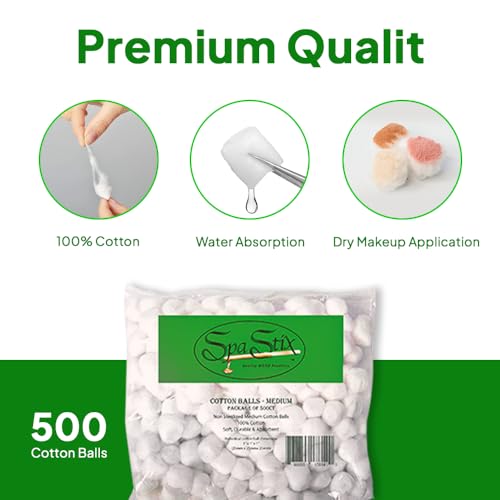 Spa Stix Medium Cotton Balls - 500 Count, Soft & Lint-Free